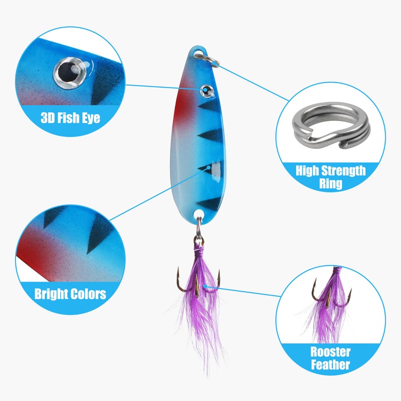 OROOTL Rooster Bait Tail Fishing Lures Kit, 30pcs Spinner Baits Trout Lures Kit Metal Spoons with Feathered Treble Hooks Inline Spinnerbaits for Bass Trout Walleye Freshwater Saltwater - Image 3